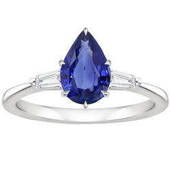 Drei Steine Ring Birne Blauer Saphir & Baguette Aus der Erde Abgebauter Natürlicher Diamanten 3 Karat