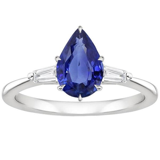 Drei Steine Ring Birne Blauer Saphir & Baguette Diamanten 3 Karat - harrychadent.de