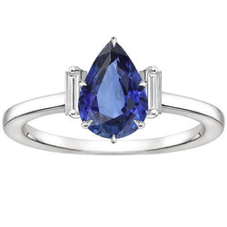 Drei Steine Ring Birne Sri Lanka Saphir & Baguette Aus der Erde Abgebauter Natürlicher Diamanten 3 Karat
