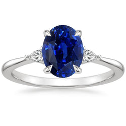 Drei Steine Ring Oval Sri Lanka Saphir & Birne Aus der Erde Abgebauter Natürlicher Diamanten 2,50 Karat