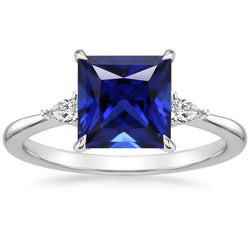 Drei-Steine-Ring Princess Blue Saphir & Birne Aus der Erde Abgebauter Natürlicher Diamanten 5,25 Karat