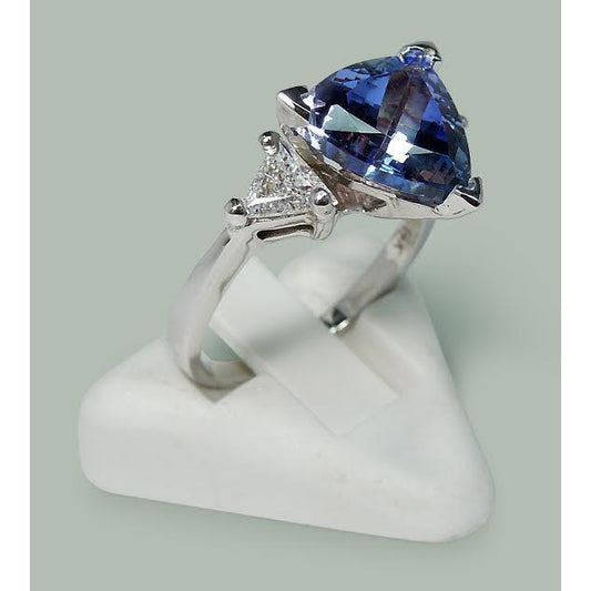 Drei-Steine-Ring Trilliant Cut Blauer Diamant Edelstein 6.5 Karat WG 14K