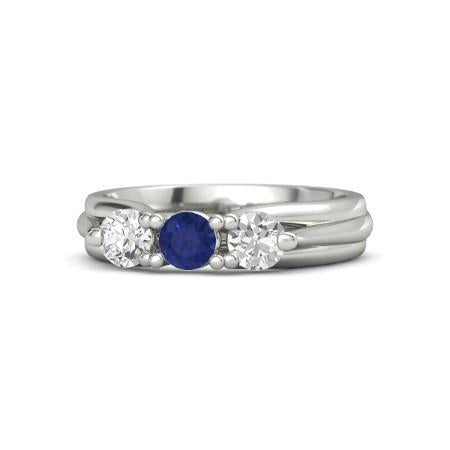 Drei-Steine-Ring mit blauem Saphir und Diamant 1 Karat Weißgold 14K - harrychadent.de