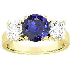 Drei Steine runder blauer Saphir & Aus der Erde Abgebauter Natürlicher Diamant Ring 5 Karat Schmuck