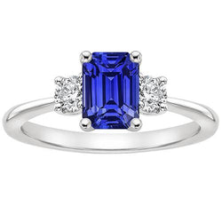 Edelstein-Drei-Steine-Ring runder Aus der Erde Abgebauter Natürlicher Diamant & Ceylon-Saphir 3.50 Karat
