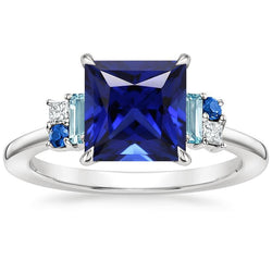 Edelsteinring Prinzessin Blauer Saphir, Aquamarin & Aus der Erde Abgebauter Natürlicher Diamanten 5.50 Karat