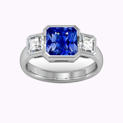 Edelsteinschmuck 3 Steine Strahlender Saphir & Asscher Aus der Erde Abgebauter Natürlicher Diamanten 3 Karat