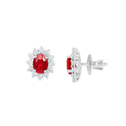Flower Style Ohrstecker 5 Kt. Rubin Und Aus der Erde Abgebauter Natürlicher Diamanten Weißgold 14K