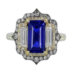 Gelb- und Weißgold Ring mit blauem Saphir-Aus der Erde Abgebauter Natürlicher Diamant im Smaragdschliff 6,75 Karat