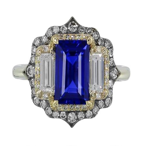 Gelb- und Weißgold Ring mit blauem Saphir-Diamant im Smaragdschliff 6,75 Karat - harrychadent.de