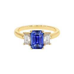 Gelbgold 3 Steine Blauer Saphir & Aus der Erde Abgebauter Natürlicher Diamant Ring 9 Karat