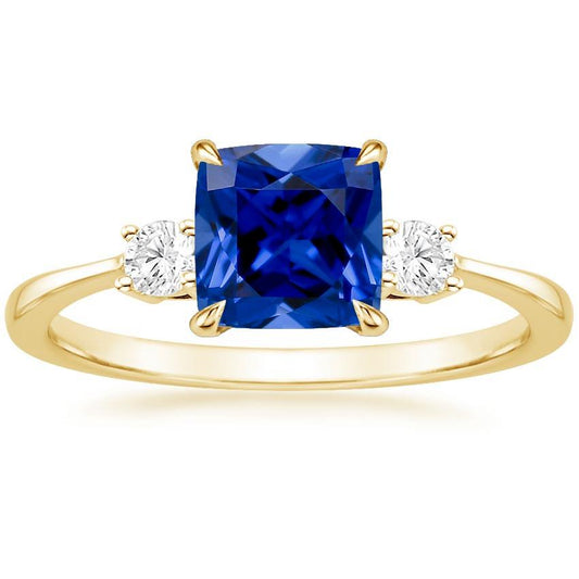 Gelbgold 3 Steine Ring Diamant und Kissen Blauer Saphir 2.50 Karat - harrychadent.de