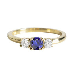 Gelbgold 3 Steine Ring runder blauer Saphir & Aus der Erde Abgebauter Natürlicher Diamanten 1,50 Karat