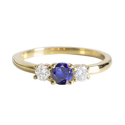 Gelbgold 3 Steine Ring runder blauer Saphir & Diamanten 1,50 Karat - harrychadent.de