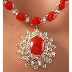 Gelbgold 46 Kt. Halskette mit rotem Koralle und Diamanten Neu
