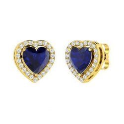 Gelbgold Ceylon Blauer Saphir & Aus der Erde Abgebauter Natürlicher Diamanten 3,80 ct. Ohrstecker