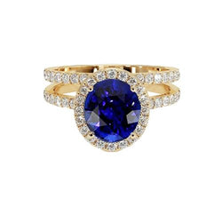 Gelbgold Aus der Erde Abgebauter Natürlicher Diamant Verlobungsring Set Oval Ceylon Saphir Schmuck