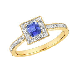 Gelbgold Aus der Erde Abgebauter Natürlicher Diamantring Halo Ceylon Saphir 2 Karat Milgrain Shank