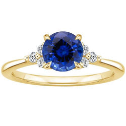Gelbgold-Aus der Erde Abgebauter Natürlicher Diamantring-Zinken blauer Saphir konischer Schaft 2,50 Karat