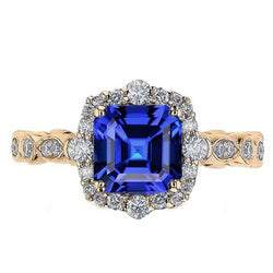 Gelbgold Halo Ring Blumenstil Asscher Blauer Saphir 4,50 Karat