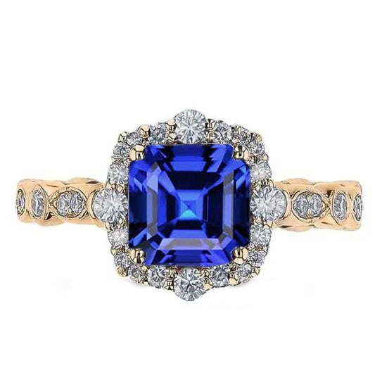 Gelbgold Halo Ring Blumenstil Asscher Blauer Saphir 4,50 Karat - harrychadent.de