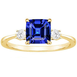 Gelbgold runder Diamant & Kissen blauer Saphir Ring 2,75 Karat Neu