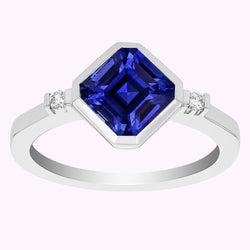 Gold 3 Steine Aus der Erde Abgebauter Natürlicher Diamant Asscher Saphir Ring 2,75 Karat Lünette & Riegel Set
