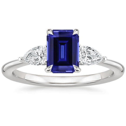 Gold 3 Steine Ring Smaragdschliff blauer Saphir & Birnendiamant 3,50 Karat - harrychadent.de