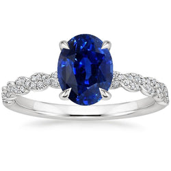 Gold Edelstein Ring Oval Blauer Saphir & Pave Set Aus der Erde Abgebauter Natürlicher Diamanten 3,50 Karat