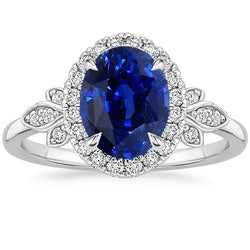 Gold Halo Ring Blumenstil Sri Lanka Saphir & Aus der Erde Abgebauter Natürlicher Diamanten 3,50 Karat