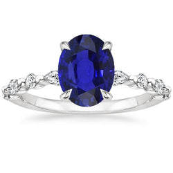 Gold Oval Blauer Saphir Aus der Erde Abgebauter Natürlicher Diamantring Marquise & Rundschliff 6 Karat Neu
