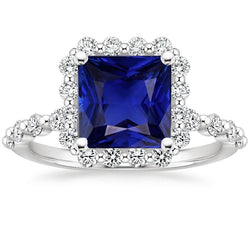 Goldener Diamantring Halo Flower Style Princess Blue Saphir 6,25 Karat
