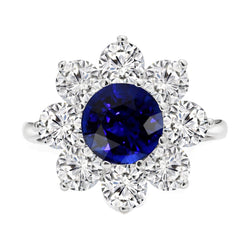 Goldener Halo-Diamantring Blauer runder Saphir-Blumenstil 4,50 Karat