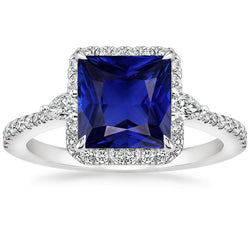 Goldener Halo-Aus der Erde Abgebauter Natürlicher Diamantring Prinzessin Blauer Saphir mit Akzenten 6,25 Karat