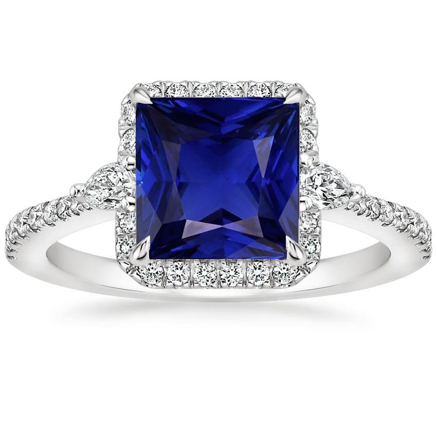 Goldener Halo-Diamantring Prinzessin Blauer Saphir mit Akzenten 6,25 Karat - harrychadent.de