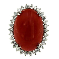 Große ovale rote Koralle mit kleinen runden Diamanten 13 Karat Ring Weißgold 14K