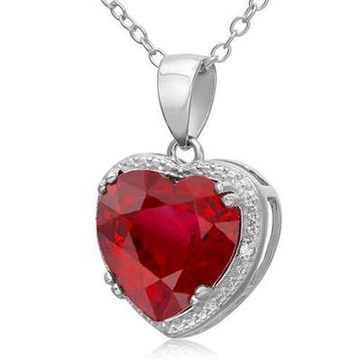 Große rote Rubin-Halskette mit kleinem Diamantanhänger 14,10 Karat WG 14K