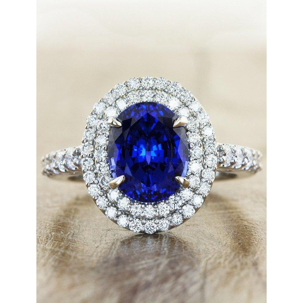 Großer ovaler Sri Lanka blauer Saphir-Diamant-Ring 4,55 ct Weißgold 14K - harrychadent.de