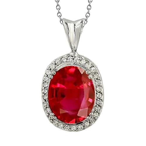 Großer roter Rubin mit kleinen Diamanten 7,30 ct. Halskette mit Anhänger Gold 14K