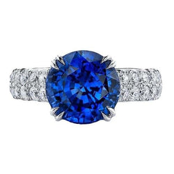 Großer runder Aus der Erde Abgebauter Natürlicher Diamantring echter blauer Saphir 6 Karat Krappenset Gold