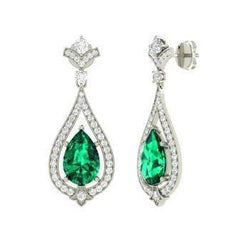 Grüner Smaragd mit Aus der Erde Abgebauter Natürlicher Diamanten Ohrringe 14K Weißgold