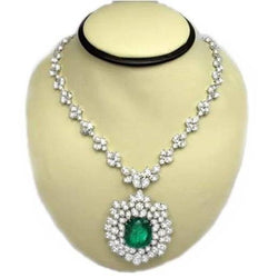 Grüner Smaragd und Aus der Erde Abgebauter Natürlicher Diamanten 79,16 ct Halskette 16" Weißgold 14K