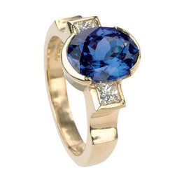 Halblünette 2,10 Karat Tansanit und Aus der Erde Abgebauter Natürlicher Diamanten 3-Stein Ring Edelstein