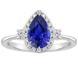 Halo 3 Stone Ring Birne Ceylon Saphir & Aus der Erde Abgebauter Natürlicher Diamanten 5 Karat
