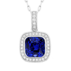 Halo-Anhänger-Kissen Saphir & Aus der Erde Abgebauter Natürlicher Diamant Milgrain Lünette Set 5,25 Karat