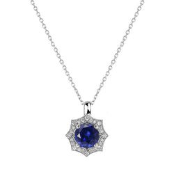 Halo-Anhänger mit rundem Saphir und Aus der Erde Abgebauter Natürlicher Diamant mit Bügelhalskette 1,25 Karat