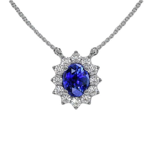 Halo-Anhänger, ovaler Ceylon-Saphir und Aus der Erde Abgebauter Natürlicher Diamant im Blumenstil, 3,50 Karat