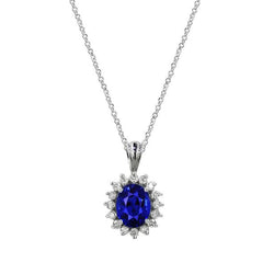 Halo-Anhänger und Kette mit rundem Aus der Erde Abgebauter Natürlicher Diamant und ovalem Ceylon-Saphir, 1,50 Karat