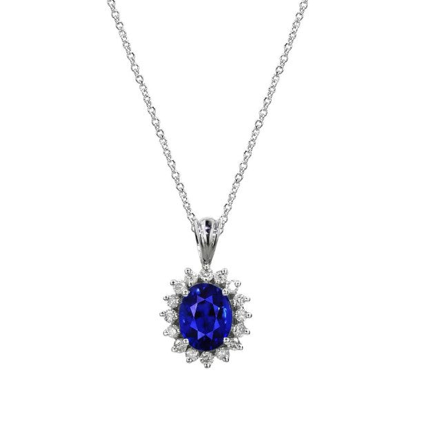 Halo-Anhänger und Kette mit rundem Diamant und ovalem Ceylon-Saphir, 1,50 Karat