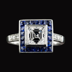 Halo Asscher Aus der Erde Abgebauter Natürlicher Diamant & Trapez Blauer Saphir Ring 5 Karat Gold